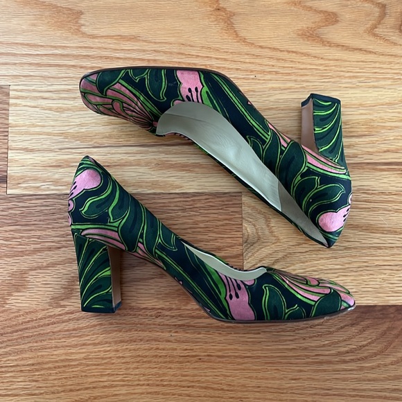 Authentic Vintage PRADA Heels Size 36 Floral Pattern Black Green Pink Block Heel - Picture 1 of 8